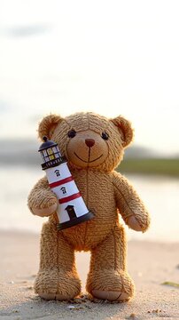 Sweet Teddy Bear Holding Lighthouse on Sunny Sandy Beach by Ocean Waves Adorable Plush Toy Companion Exploring Seaside Adventures Perfect for Summer Travel and 