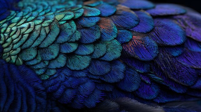 Detailed  captures the vibrant iridescent surface of a bird's feather structure, showcasing a stunning array of blue and green hues with subtle hints of purple and orange, creating a rich textured...