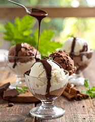 Delicious Ice Cream Sundaes with Chocolate Sauce and Fresh Mint.