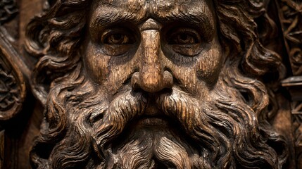 Obraz premium Detailed reveals a sculpted, aged face carved into weathered wood, showcasing intricate textures and a strong expression within an antique or historic setting, evoking a sense of timelessness and...