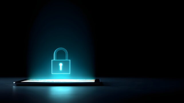 The glowing padlock symbolized data security on a tablet device, emitting a bright blue light against a dark background, illustrating concept of protection and privacy with modern technology,...