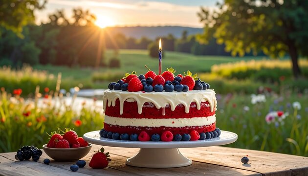 Red velvet cake with berries and candle on a summer meadow