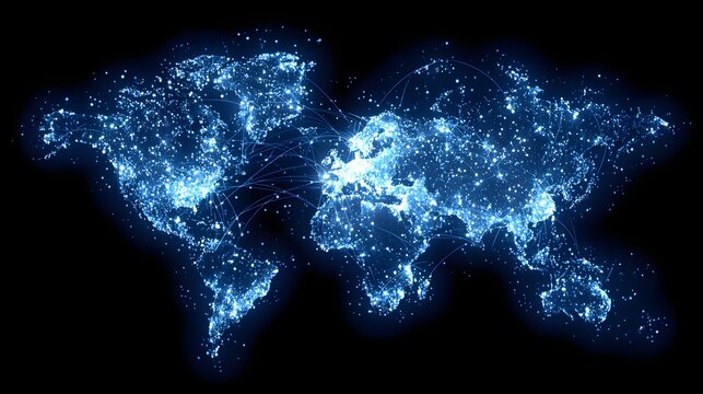 Illuminated world map showcases global connectivity, with vibrant blue lights representing cities and interconnected lines, highlighting the flow of communication and transportation across countries. - Powered by Adobe