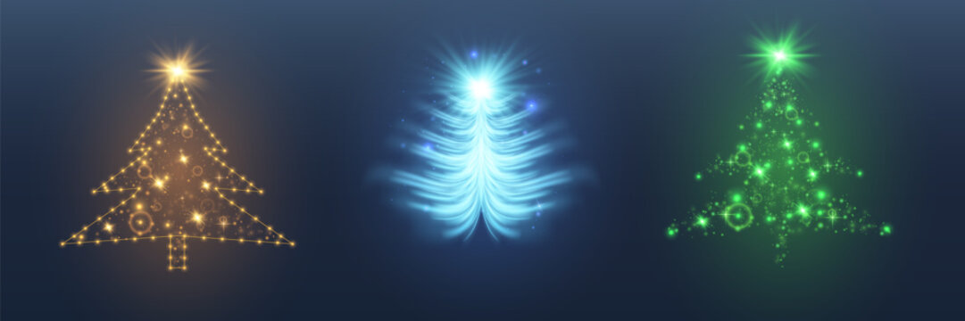 Glowing Christmas trees with light effects. Vector.