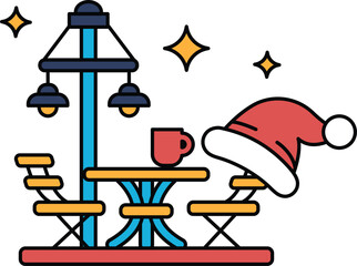 A black and white drawing of a patio with a table and chairs, a cup