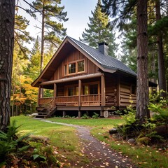 Fototapeta premium Rustic log cabin nestled in autumn forest