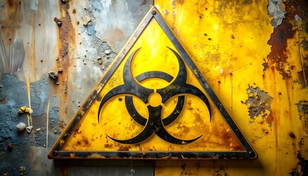 Triangular biohazard warning sign on a weathered metal surface