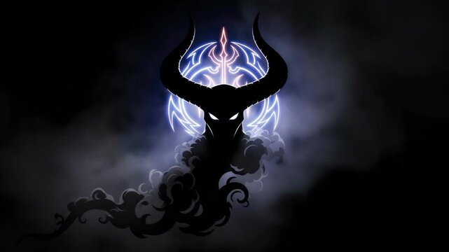 Mysterious horned figure enveloped in smoky tendrils against a moonlit backdrop animation