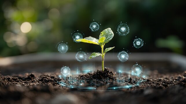 Young plant emerging from the soil, symbolizing growth and sustainability, surrounded by digital icons representing technology, connection, and modern innovation within a natural environment with...