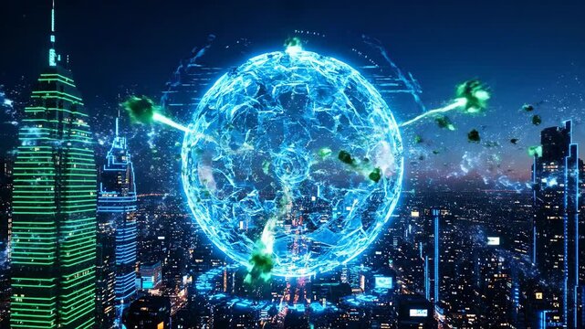 Futuristic City Encapsulated in a Glowing Tech Sphere