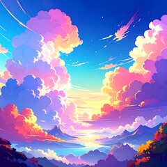 Vibrant sunset landscape with fluffy clouds