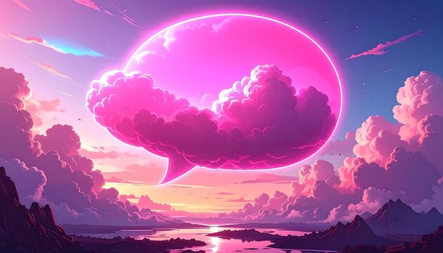 Pink chat bubble in a surreal landscape