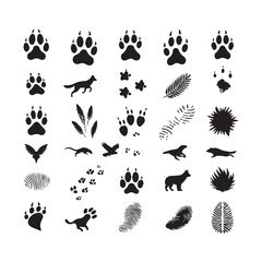 Naklejka premium Diverse collection of 30 black silhouette icons including animal paw prints, animal tracks, birds, reptiles, and fingerprints on a white background