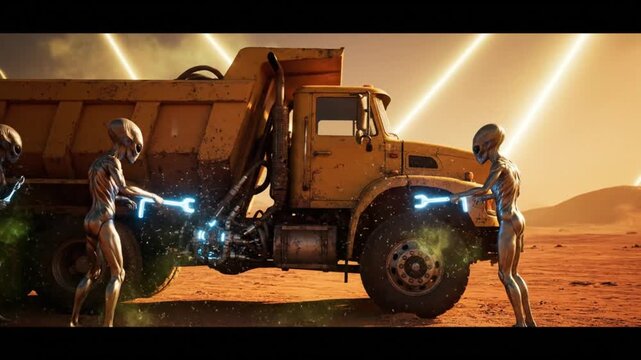 Aliens Repairing Dump Truck Hydraulics with Levitating Tools in Cinematic Dolly Shot
