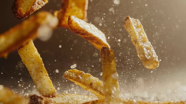 Image of crispy golden-brown fried potato pieces levitating with scattered coarse salt crystals