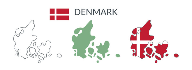 Denmark country geographical borders isolated on white background. Flag of Denmark. Vector flat cliparts.