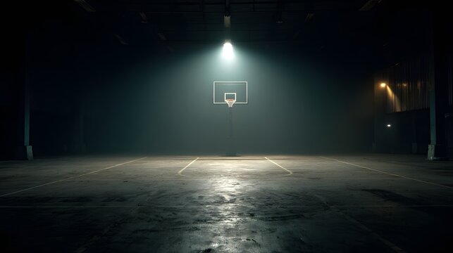 Basketball hoop illuminated by a single overhead light against a dark background, positioned in an empty indoor court, showcasing an abstract, solitary, and cinematic ambiance of anticipation and...