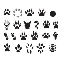 Fototapeta premium Diverse Collection of Animal Paw Prints Cat Silhouette Question Mark and Abstract Shapes on White Background
