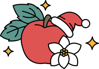 A drawing of a Christmas tree with a hat on top of an apple
