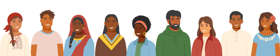Portraits of men and women of different ethnicities in traditional clothing. Concept of equality, cultural diversity, friendship, inclusion. Vector template in a flat style.