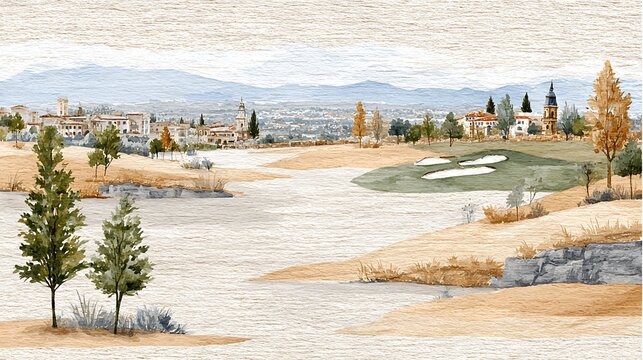 Vintage Sketch of Desert Golf Course Landscape in Troon Aesthetic Style