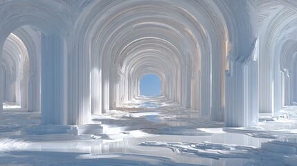 Surreal architectural vista featuring endless arches and ethereal white columns creating a