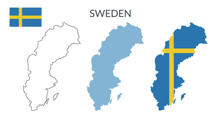 Sweden country geographical borders isolated on white background. Sweden flag. Vector flat cliparts.