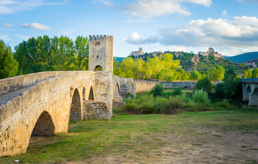 View at Puente medieval de Frias. Medieval bridge near the town, crossing the Ebro river.