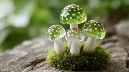Glass mushrooms with white dots on mossy log in nature.