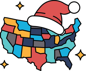 A map of the United States with a Santa hat on top