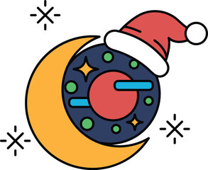 A black and white drawing of a donut with a hat on top and a star on the side