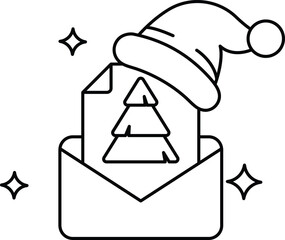 A white Christmas tree is inside a white envelope with a hat on top of it