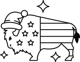 A buffalo with a hat on and stars on its back