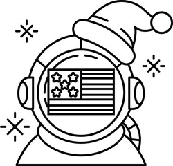 A black and white drawing of a man in a space suit with a hat on