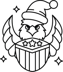 A black and white drawing of an eagle wearing a Santa hat and a star of David