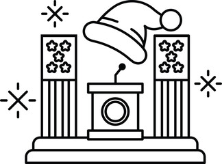 A black and white drawing of a microphone and a hat on top of a podium