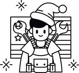 A man in a Santa hat is holding a wrench