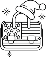 A black and white drawing of a suitcase with a hat on top of it