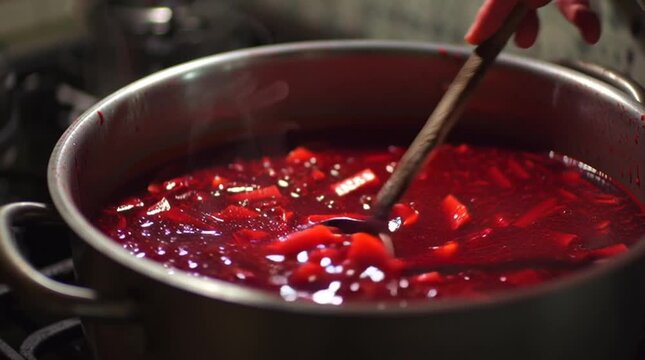 Stirring a big pot of red borscht on the stove, steaming and vibrant, cozy home cooking scene, perfect for traditional food, culinary, and rustic kitchen illustrations.