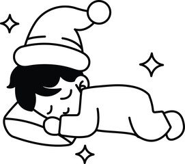 A cartoon of a child sleeping with a hat on