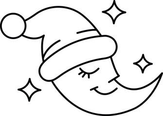 A smiling face with a hat on top of a crescent moon