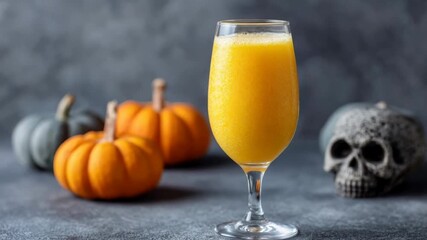 Festive autumn drink served beside small decorative pumpkins, spooky Halloween vibes with a skull accent, seasonal celebration with vibrant colors