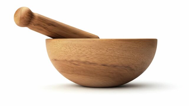 Wooden mortar and pestle against a white background, studio shot.