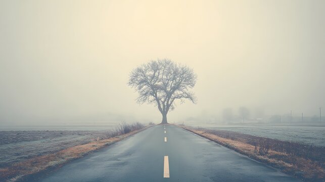 Road stretches towards a solitary tree in a foggy landscape, illuminated by a pale light, creating a serene and atmospheric scene.