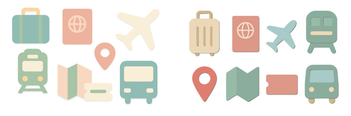 Travel symbols including suitcases, planes, trains, and maps show diverse transportation options for journeys and adventures