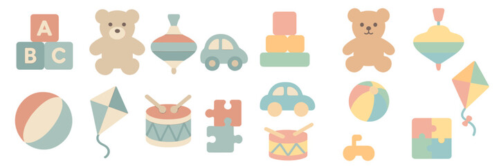 Colorful toys and playful items arranged in a fun layout for children's activities and learning experiences