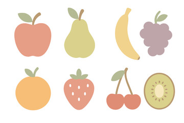 Colorful fruit collection featuring apples, pears, bananas, grapes, oranges, strawberries, cherries, and kiwi on a plain background