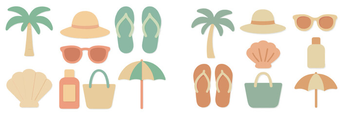 Summer beach accessories layout featuring hats, sunglasses, flip flops, and palm trees for a sunny vacation vibe