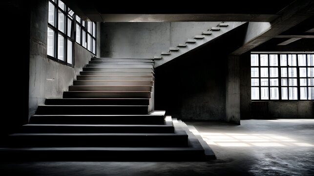 Dramatic interior shot featuring a concrete staircase leading upwards, positioned in a dimly lit building.