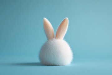 Obraz premium Fluffy white bunny body with soft pink ears standing on a pastel blue background, representing Easter and cuteness